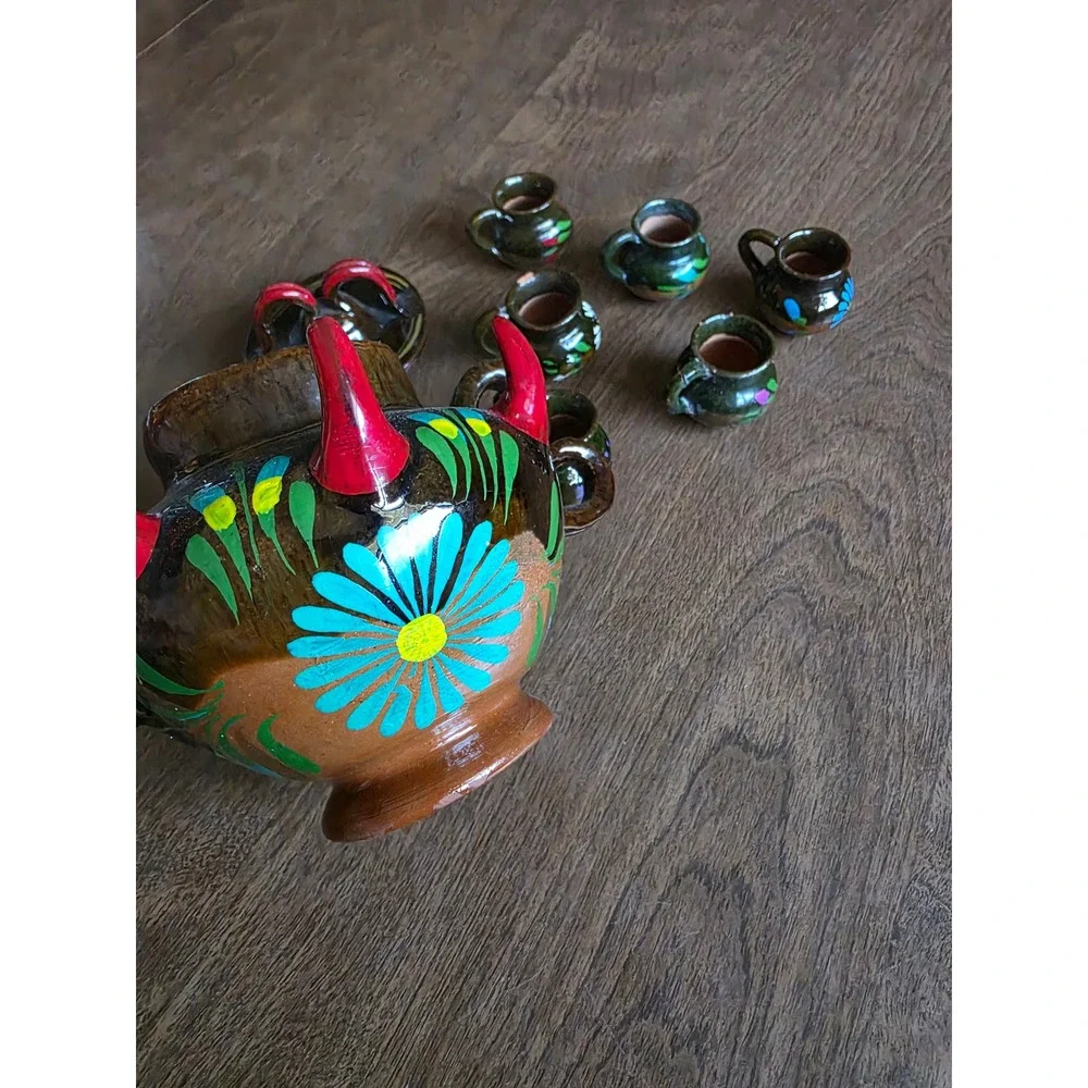 Mexican Folk Art Pottery Tequila Set Hand Painted Floral Glazed Brown 8pc decor
